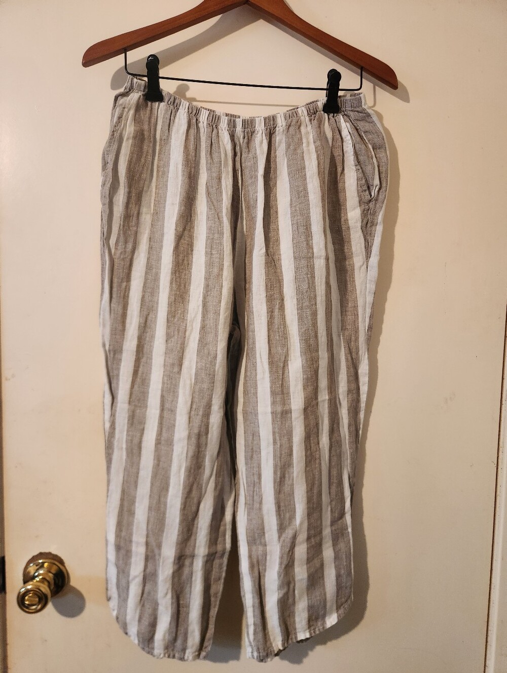 Flax Vertical Stripes White & Taupe Linen Pants M